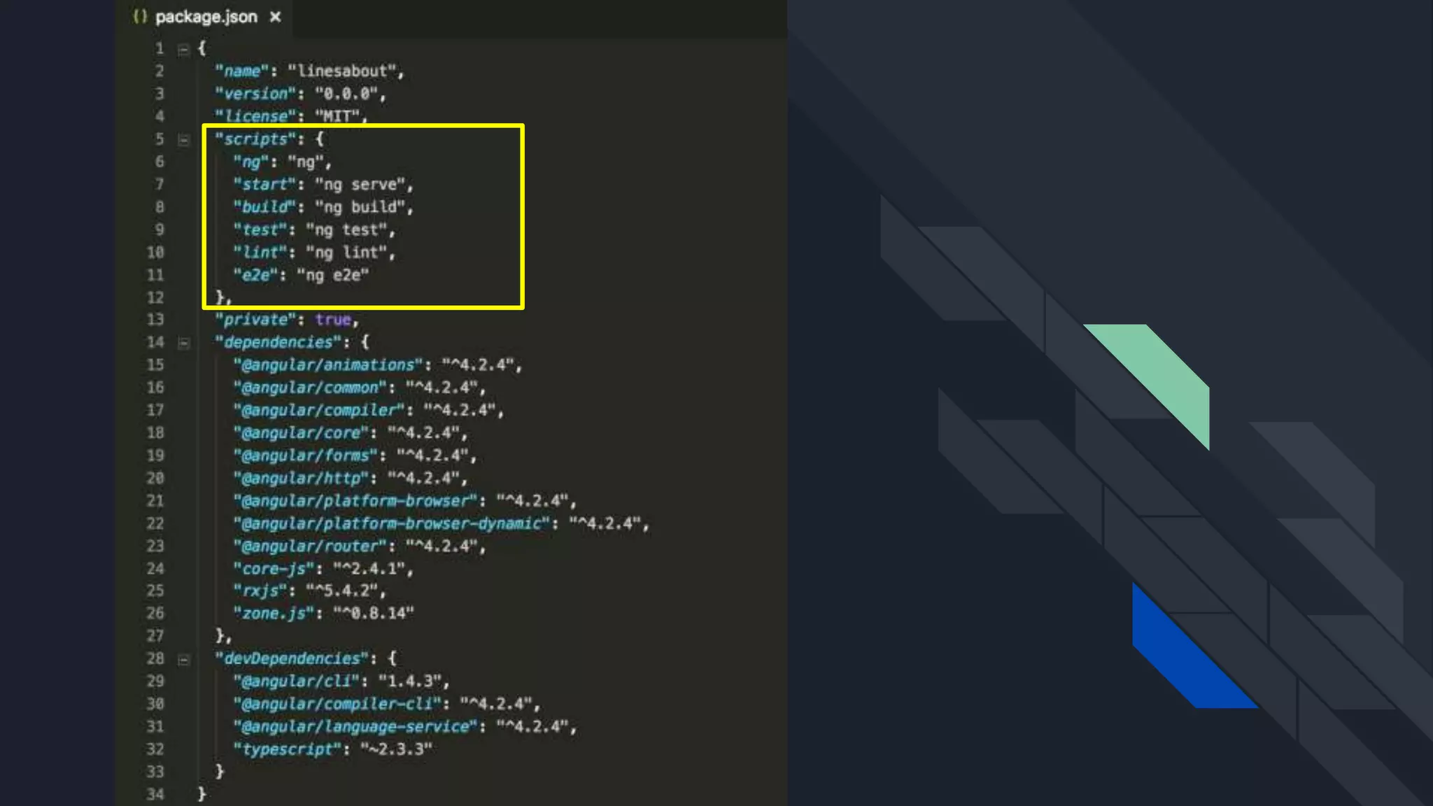 #pracegover: imagem do package.json.
Dentro dele tem um grande JSON com as
configurações do projeto.
Uma das configurações a propriedade
scripts, onde é possível verificar os scripts
que podemos usar no projeto via linha de
comando.
 