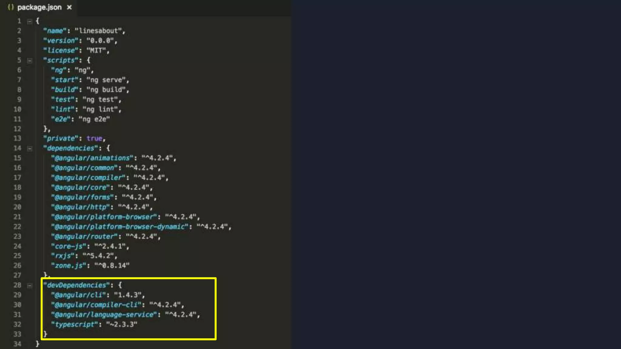 Imagem do package.json.
Na propriedade devDependencies
verificamos as bibliotecas necessárias para
desenvolvimento.
 