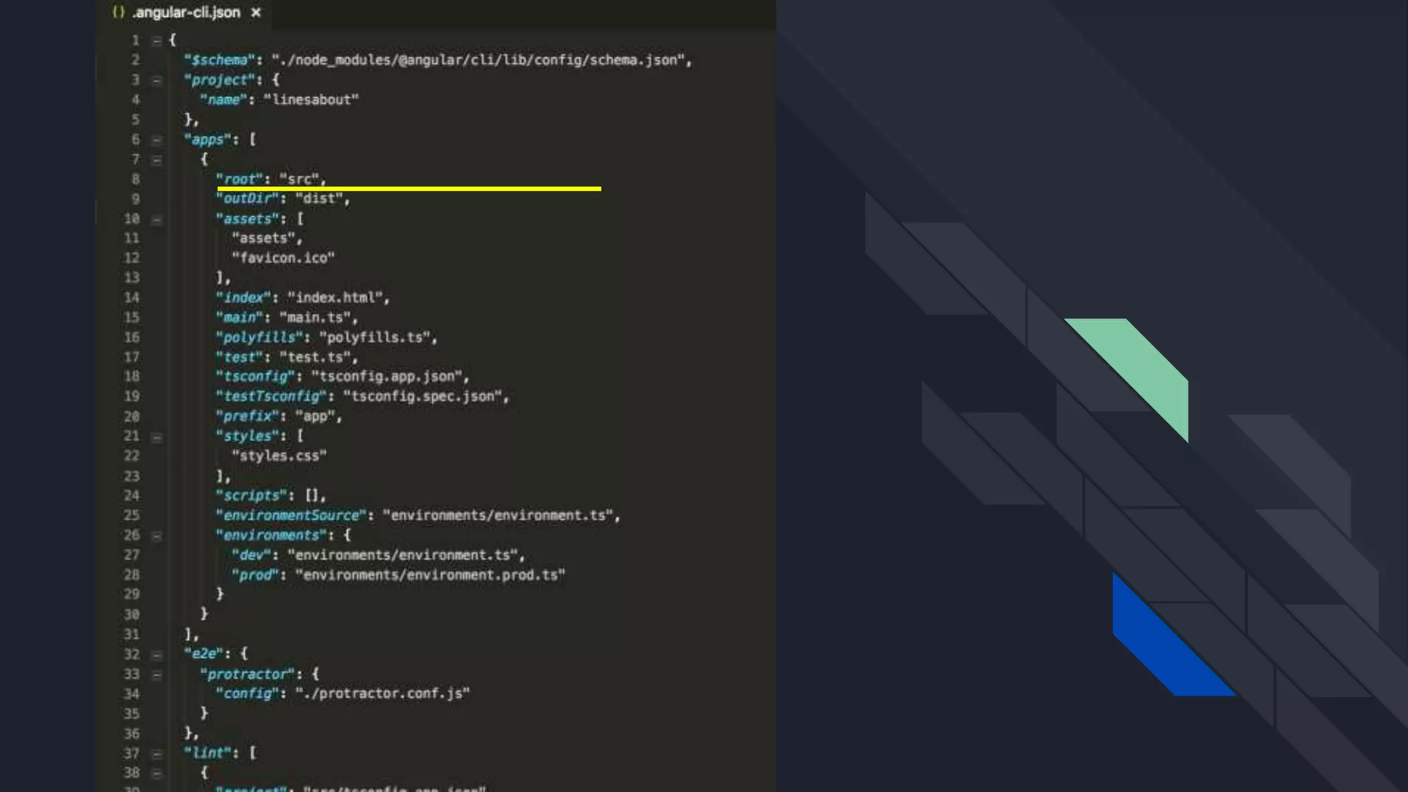Imagem do .angular-cli.json.
Nele também tem um grande JSON.
Está marcado na imagem a propriedade
“root” com valor “src” indicando a pasta onde
está o código fonte da aplicação
 