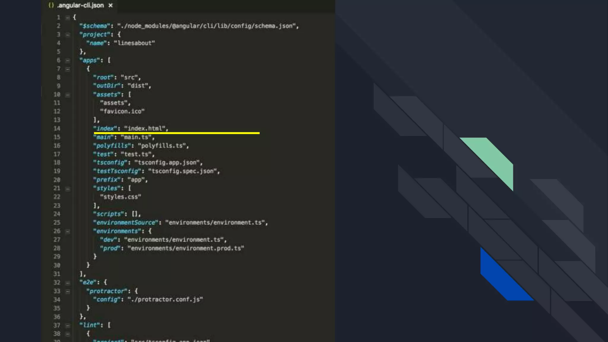 Imagem do .angular-cli.json.
A mostra a propriedade “index” com valor
“index.html” indicando o arquivo inicial da
aplicação
 