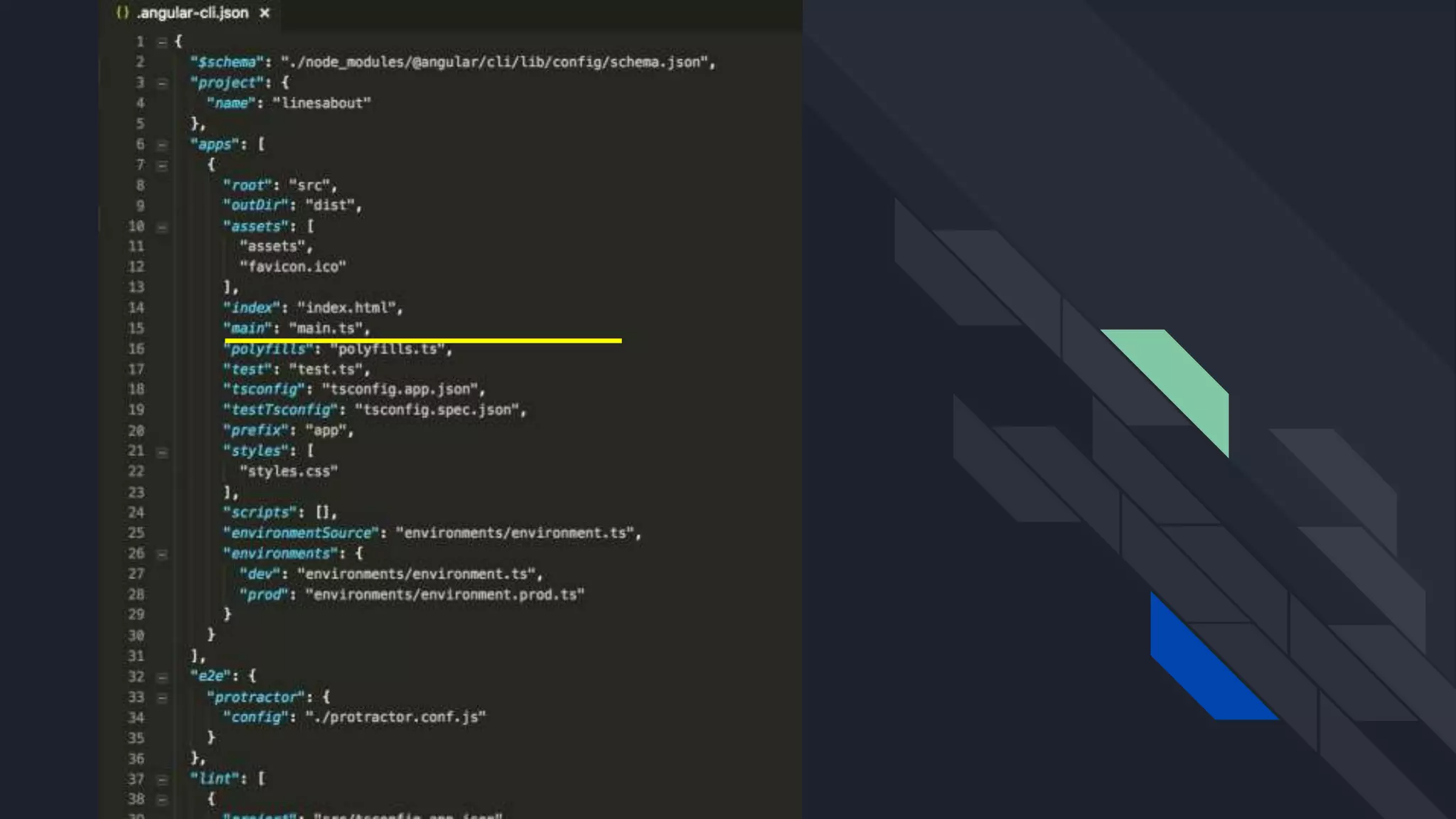 Imagem do .angular-cli.json.
A mostra a propriedade “main” com valor
“main.ts” indicando o arquivo TypeScript
principal da aplicação
 
