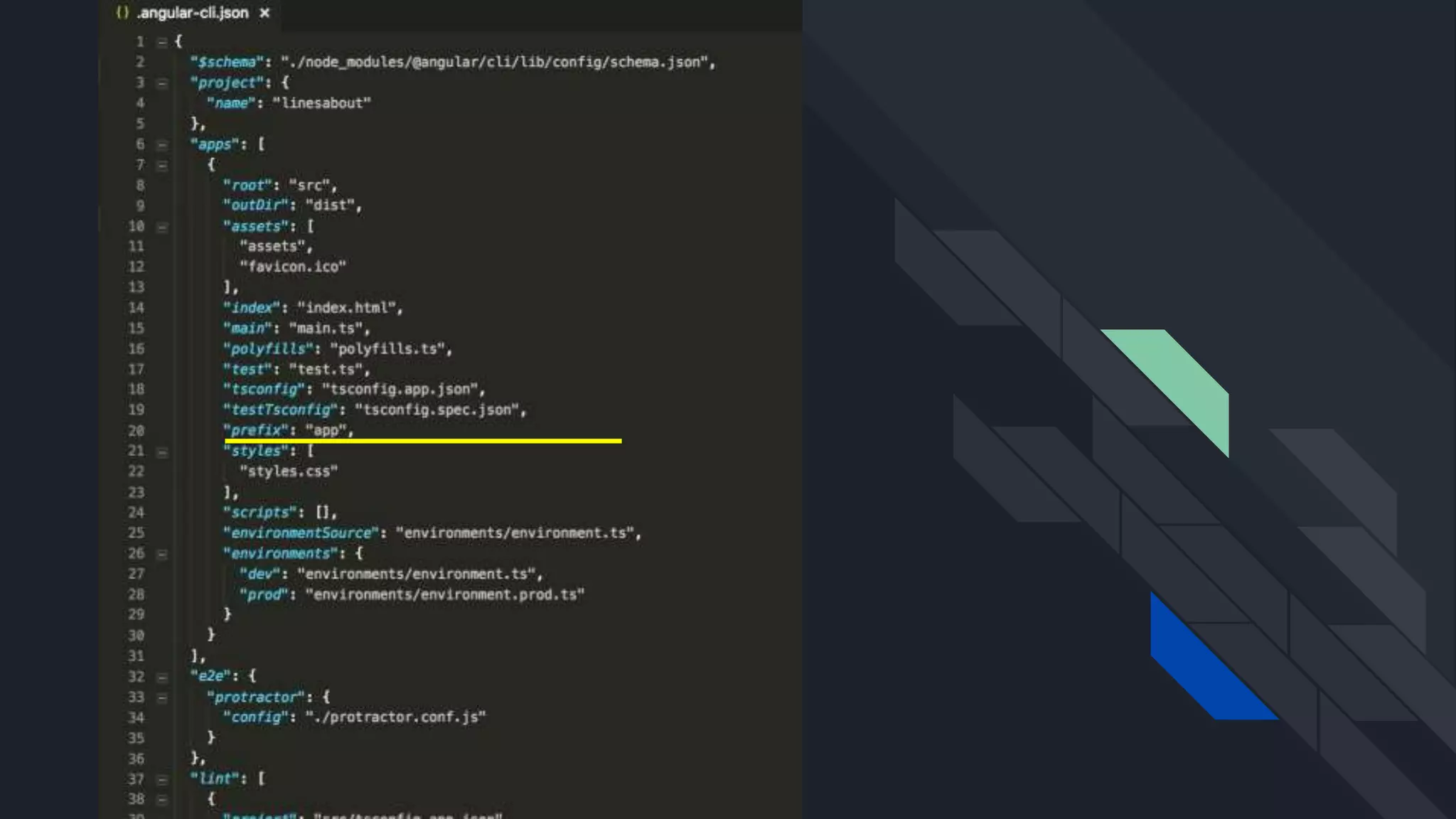 Imagem do .angular-cli.json.
A mostra a propriedade “prefix” com valor
“app” indicando o prefixo do seletor dos
componentes que serão gerados usando a
CLI
 