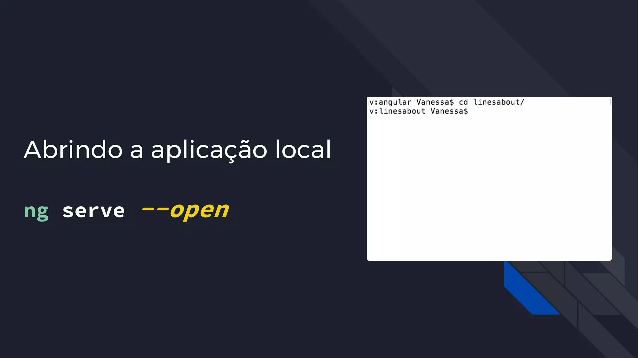 #pracegover: imagem animada
com o terminal executando o
comando ng serve --open
Abrindo a aplicação local
ng serve --open
 