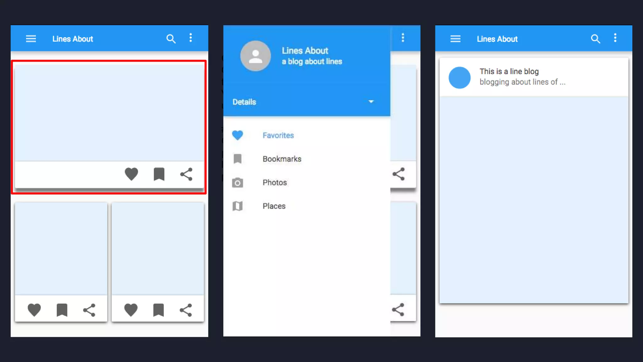 O layout da nossa aplicação será este…
Quantos componentes vocês veem nesta
tela?
Vamos pegar o primeiro, o componente para
um post
#pracegover: 3 telas construídas usando o
Google Material Design. 1 tela de lista de
posts, outra com o menu mobile aberto na
lateral esquerda e outra imagem com a
página do post.
 
