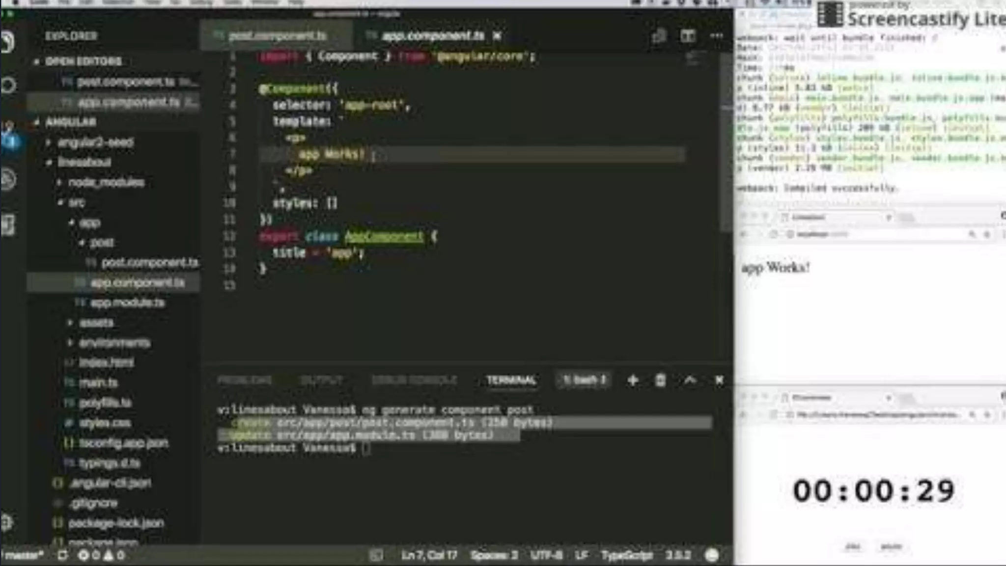 Na prática, como isto fica?
#pracegover: imagem de um vídeo que
mostra a geração de componentes usando a
CLI
 