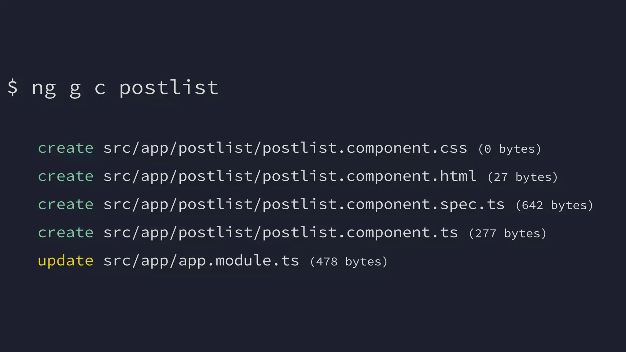 $ ng g c postlist
create src/app/postlist/postlist.component.css (0 bytes)
create src/app/postlist/postlist.component.html (27 bytes)
create src/app/postlist/postlist.component.spec.ts (642 bytes)
create src/app/postlist/postlist.component.ts (277 bytes)
update src/app/app.module.ts (478 bytes)
Porém por padrão ele gera o template, estilo, em arquivos separados e o spec
 