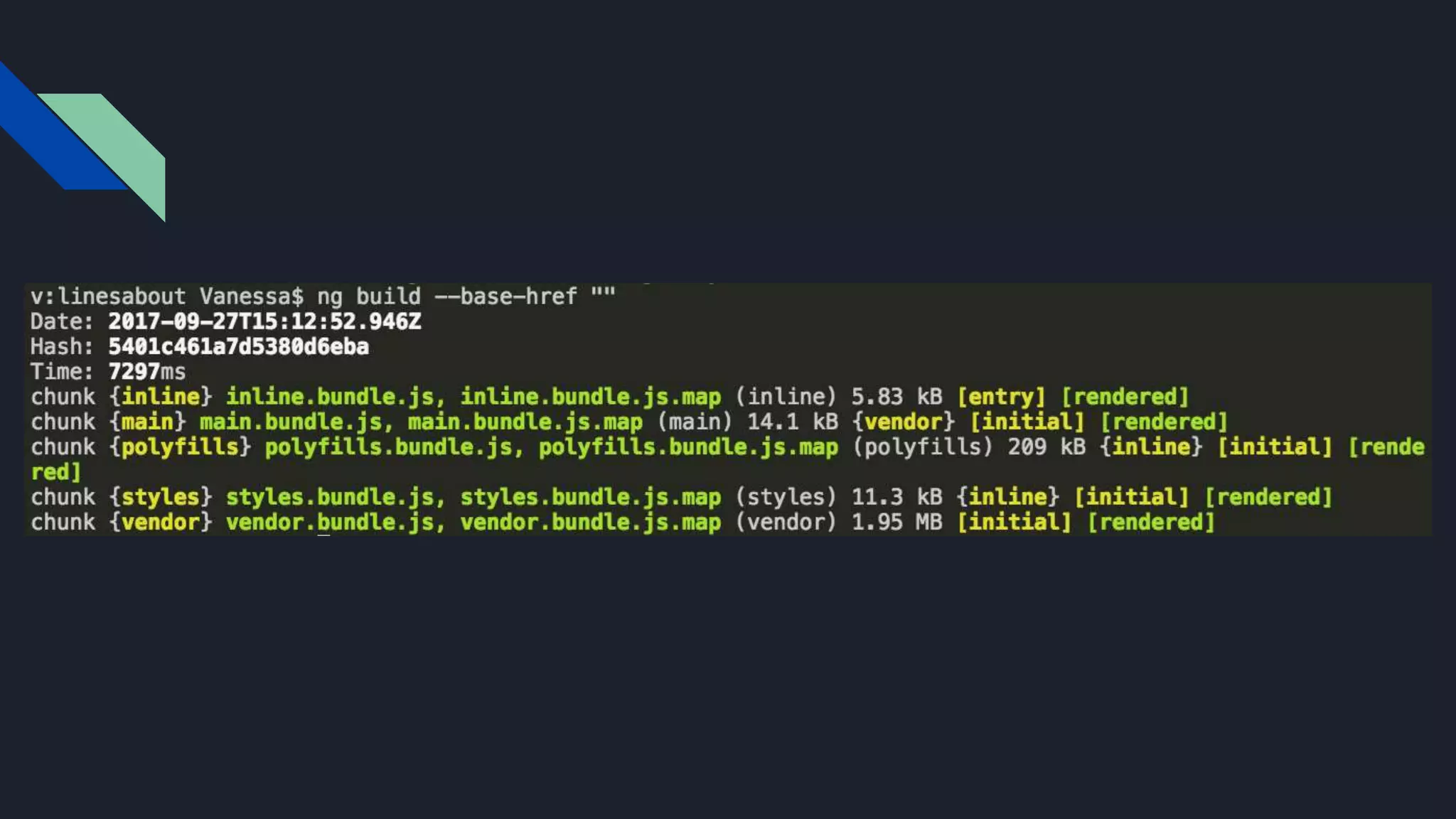 #pracegover: imagem do terminal com o resultado após executar o comando ng build --base-href “”. Gerando vários arquivos JS e apenas 1
index.html
 