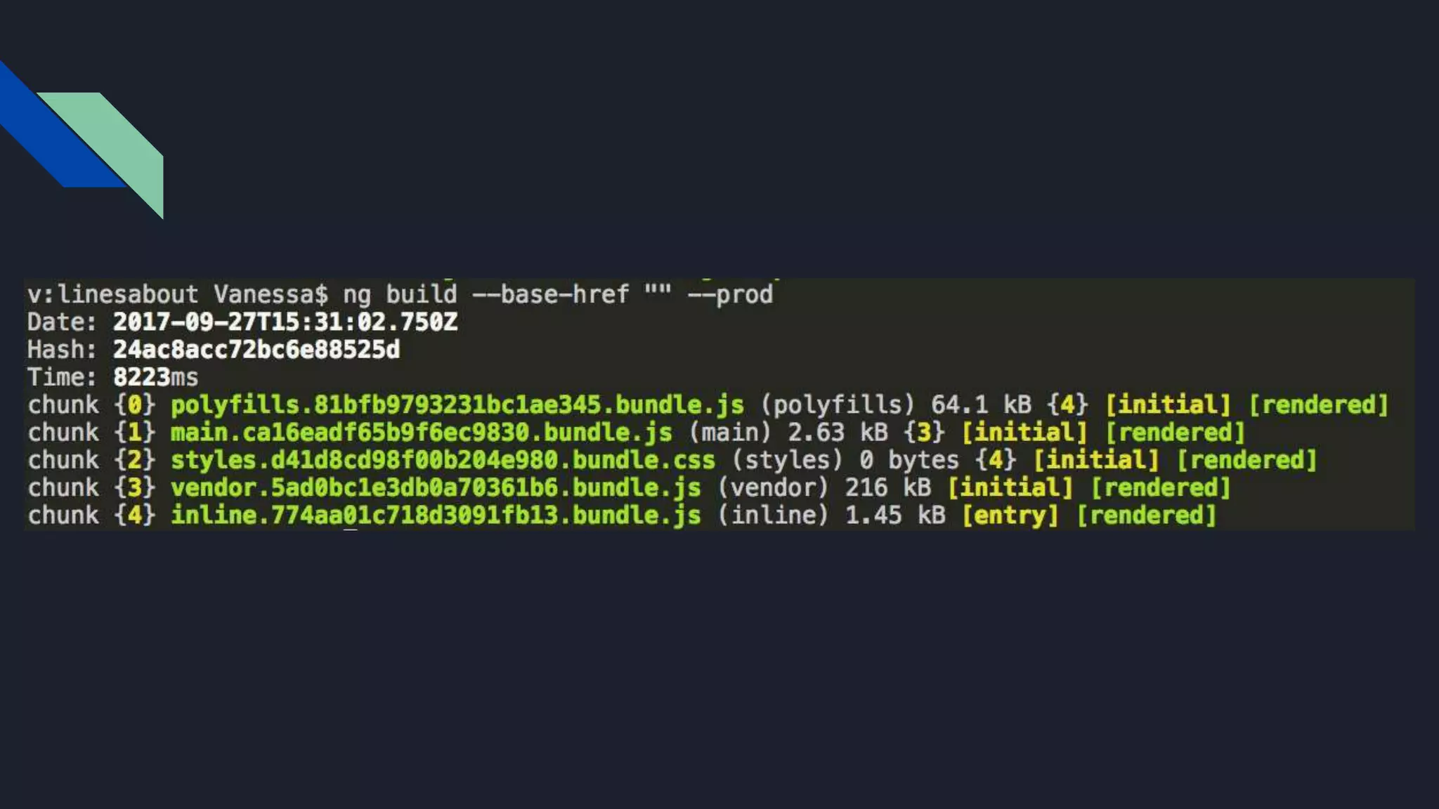 #pracegover: imagem do terminal com o resultado após executar o comando ng build --base-href “” --prod. Gerando 4 arquivos JS, 1 CSS, e
1 index.html otimizado e minificado.
 