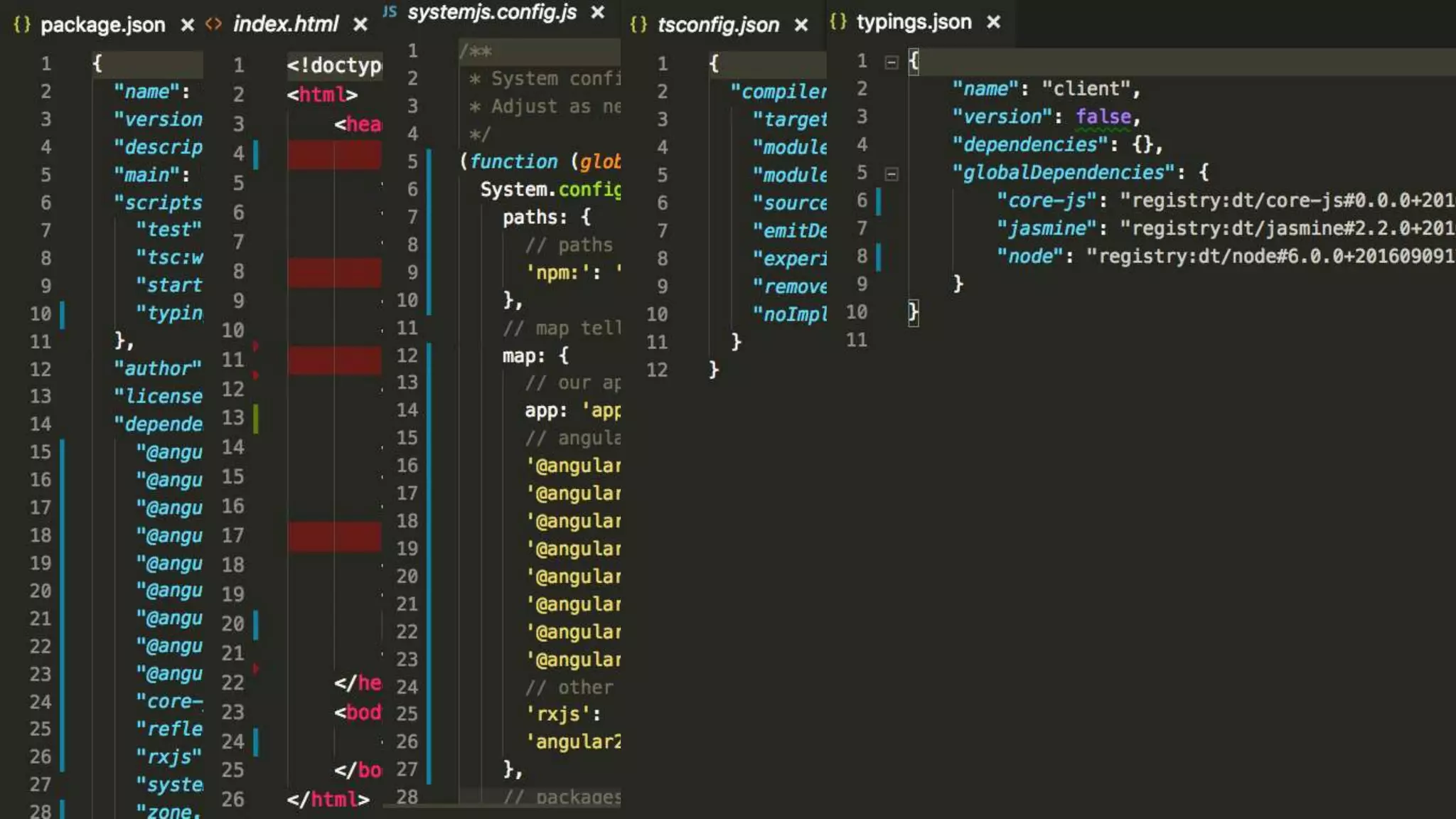 Package.json, index.html, systemjs.config.js,
tsconfig.json, typings.json
 