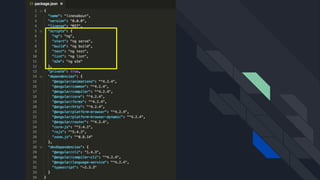 #pracegover: imagem do package.json.
Dentro dele tem um grande JSON com as
configurações do projeto.
Uma das configurações a propriedade
scripts, onde é possível verificar os scripts
que podemos usar no projeto via linha de
comando.
 
