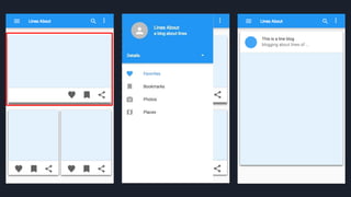 O layout da nossa aplicação será este…
Quantos componentes vocês veem nesta
tela?
Vamos pegar o primeiro, o componente para
um post
#pracegover: 3 telas construídas usando o
Google Material Design. 1 tela de lista de
posts, outra com o menu mobile aberto na
lateral esquerda e outra imagem com a
página do post.
 