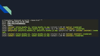 #pracegover: imagem do terminal com o resultado após executar o comando ng build --base-href “”. Gerando vários arquivos JS e apenas 1
index.html
 