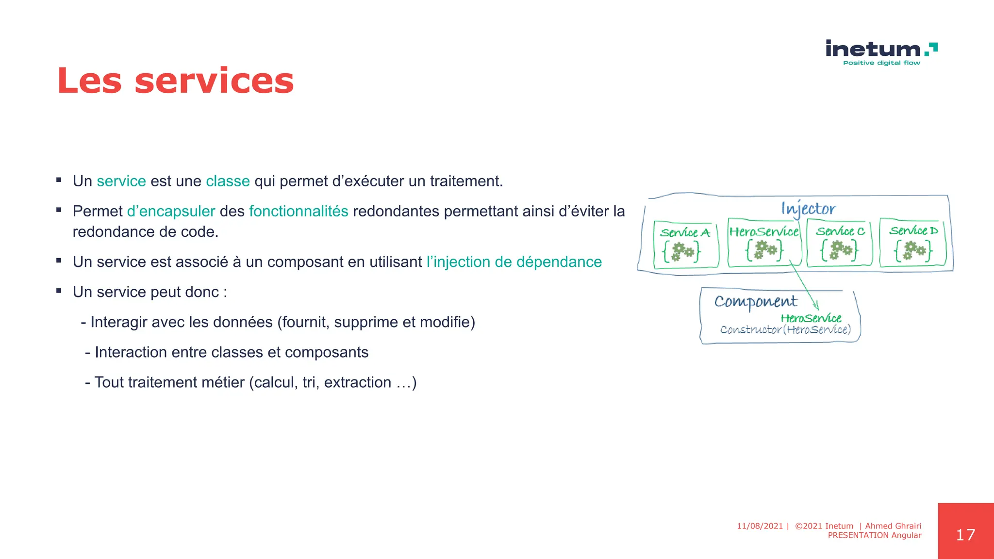 17
Les services
 Un service est une classe qui permet d’exécuter un traitement.
 Permet d’encapsuler des fonctionnalités redondantes permettant ainsi d’éviter la
redondance de code.
 Un service est associé à un composant en utilisant l’injection de dépendance
 Un service peut donc :
- Interagir avec les données (fournit, supprime et modifie)
- Interaction entre classes et composants
- Tout traitement métier (calcul, tri, extraction …)
11/08/2021 | ©2021 Inetum | Ahmed Ghrairi
PRESENTATION Angular
 