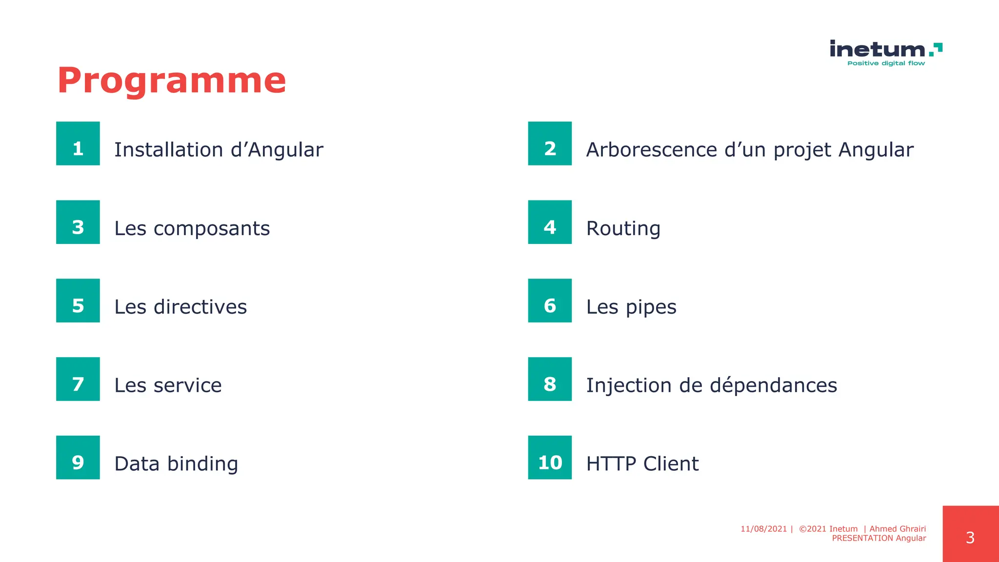 3
1 Installation d’Angular
3 Les composants
5 Les directives
7 Les service
2 Arborescence d’un projet Angular
4 Routing
6 Les pipes
8 Injection de dépendances
9 Data binding 10 HTTP Client
11/08/2021 | ©2021 Inetum | Ahmed Ghrairi
PRESENTATION Angular
Programme
 