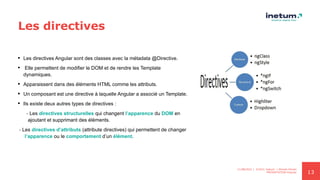 13
Les directives
 Les directives Angular sont des classes avec la métadata @Directive.
 Elle permettent de modifier le DOM et de rendre les Template
dynamiques.
 Apparaissent dans des éléments HTML comme les attributs.
 Un composant est une directive à laquelle Angular a associé un Template.
 Ils existe deux autres types de directives :
- Les directives structurelles qui changent l’apparence du DOM en
ajoutant et supprimant des éléments.
- Les directives d’attributs (attribute directives) qui permettent de changer
l’apparence ou le comportement d’un élément.
11/08/2021 | ©2021 Inetum | Ahmed Ghrairi
PRESENTATION Angular
 