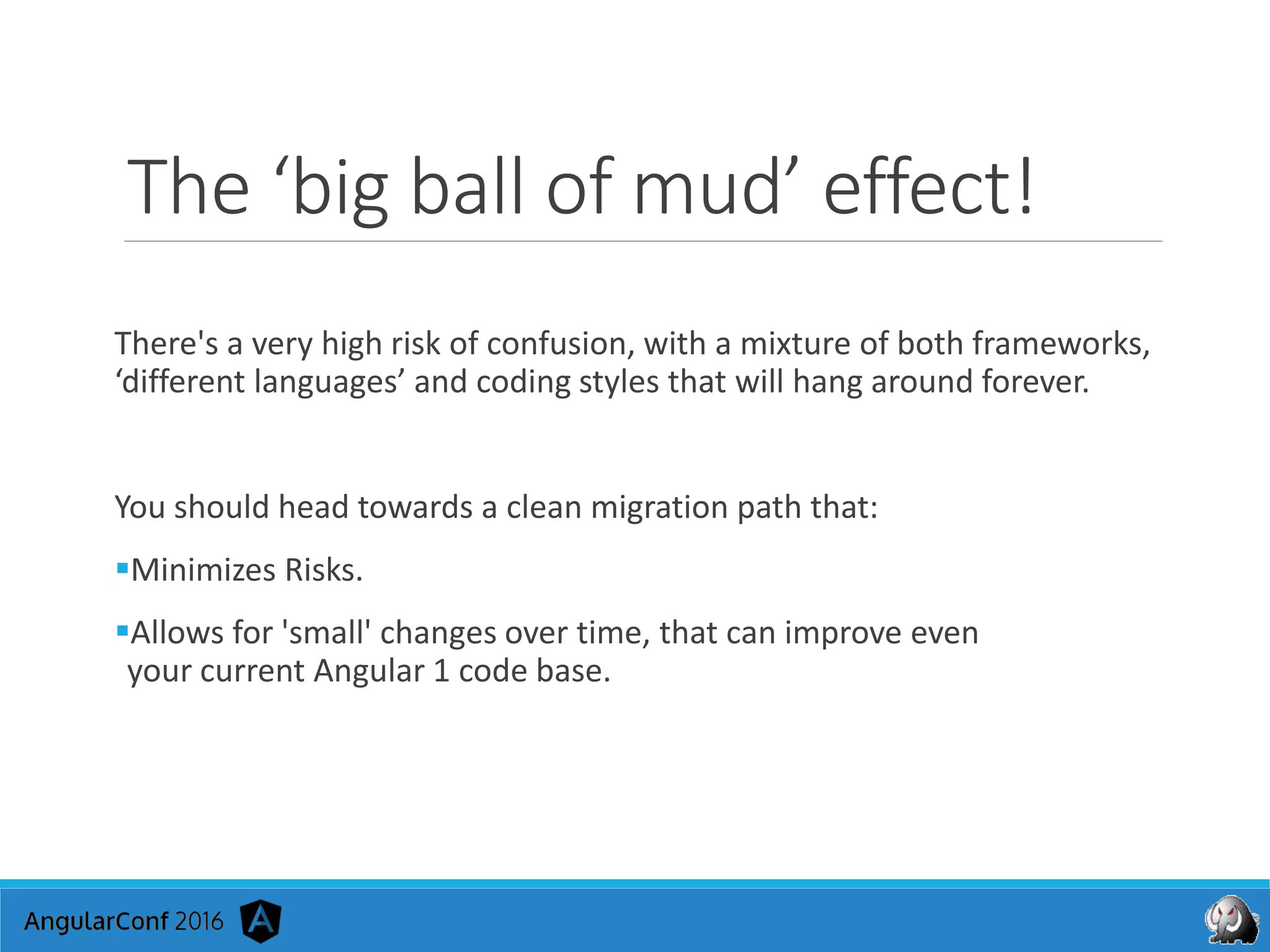 The ‘big ball of mud’ effect!
There's a very high risk of confusion, with a mixture of both frameworks,
‘different languages’ and coding styles that will hang around forever.
You should head towards a clean migration path that:
Minimizes Risks.
Allows for 'small' changes over time, that can improve even
your current Angular 1 code base.
 