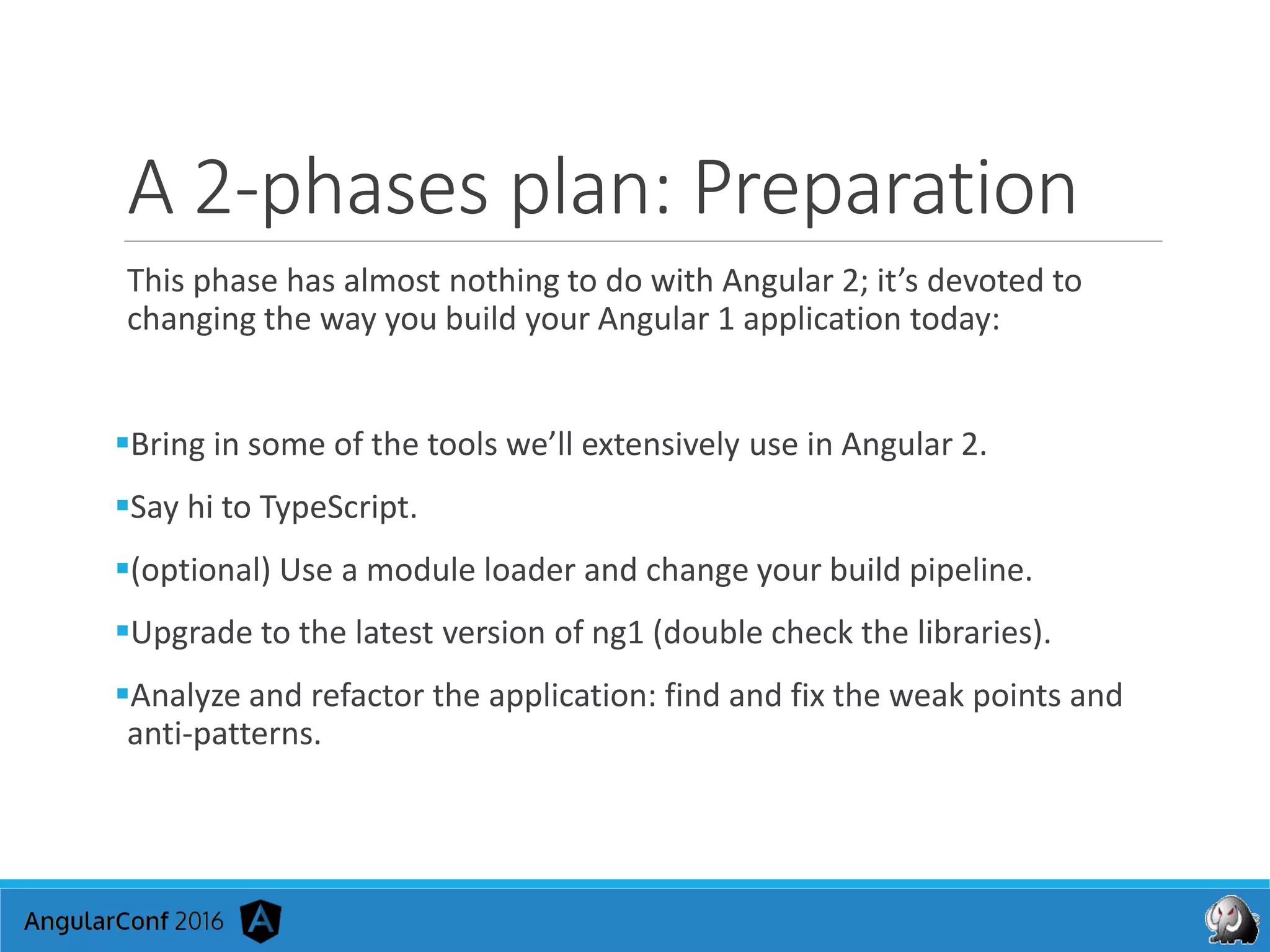 A 2-phases plan: Preparation
This phase has almost nothing to do with Angular 2; it’s devoted to
changing the way you build your Angular 1 application today:
Bring in some of the tools we’ll extensively use in Angular 2.
Say hi to TypeScript.
(optional) Use a module loader and change your build pipeline.
Upgrade to the latest version of ng1 (double check the libraries).
Analyze and refactor the application: find and fix the weak points and
anti-patterns.
 
