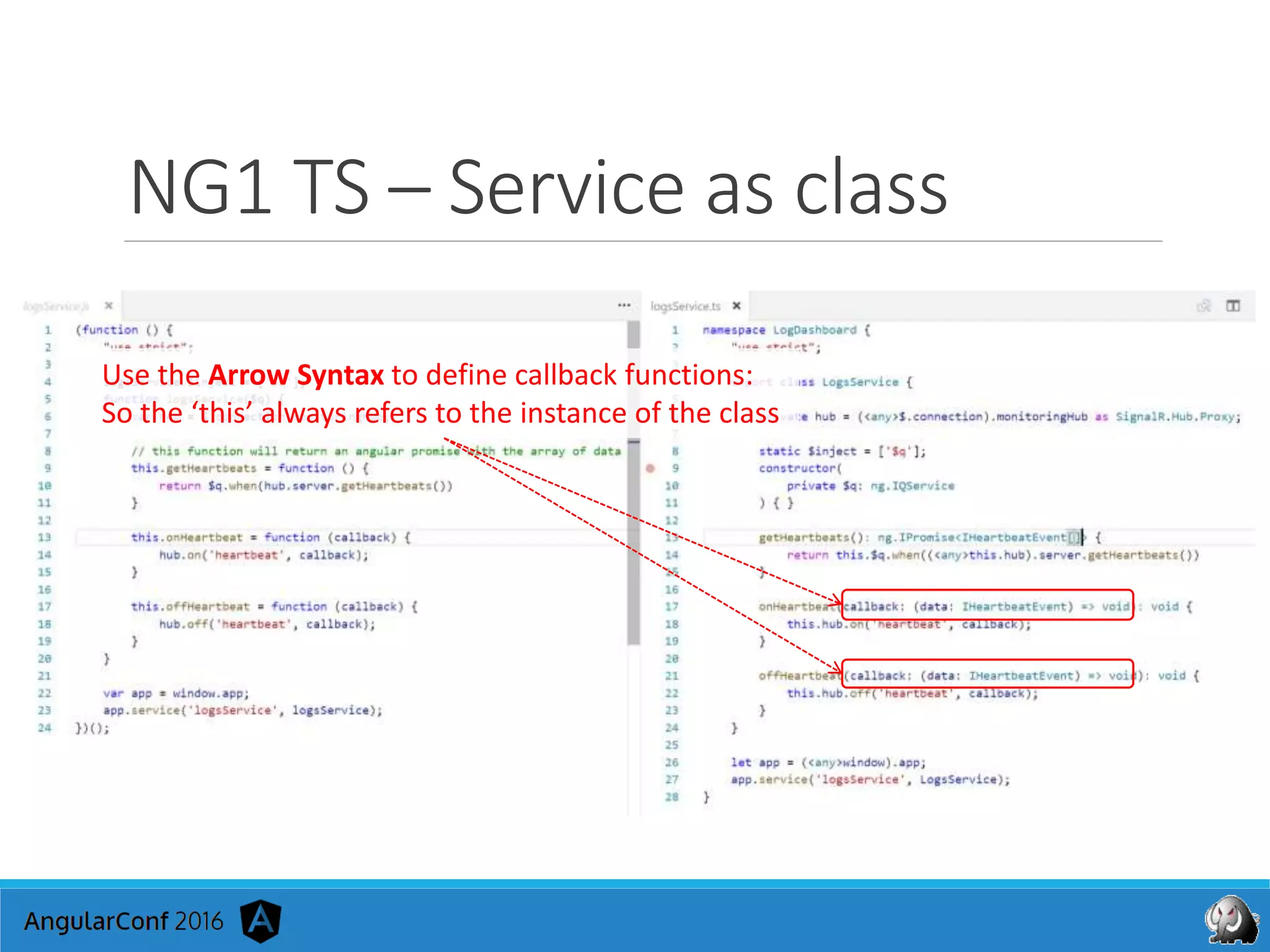NG1 TS – Service as class
Use the Arrow Syntax to define callback functions:
So the ‘this’ always refers to the instance of the class
 