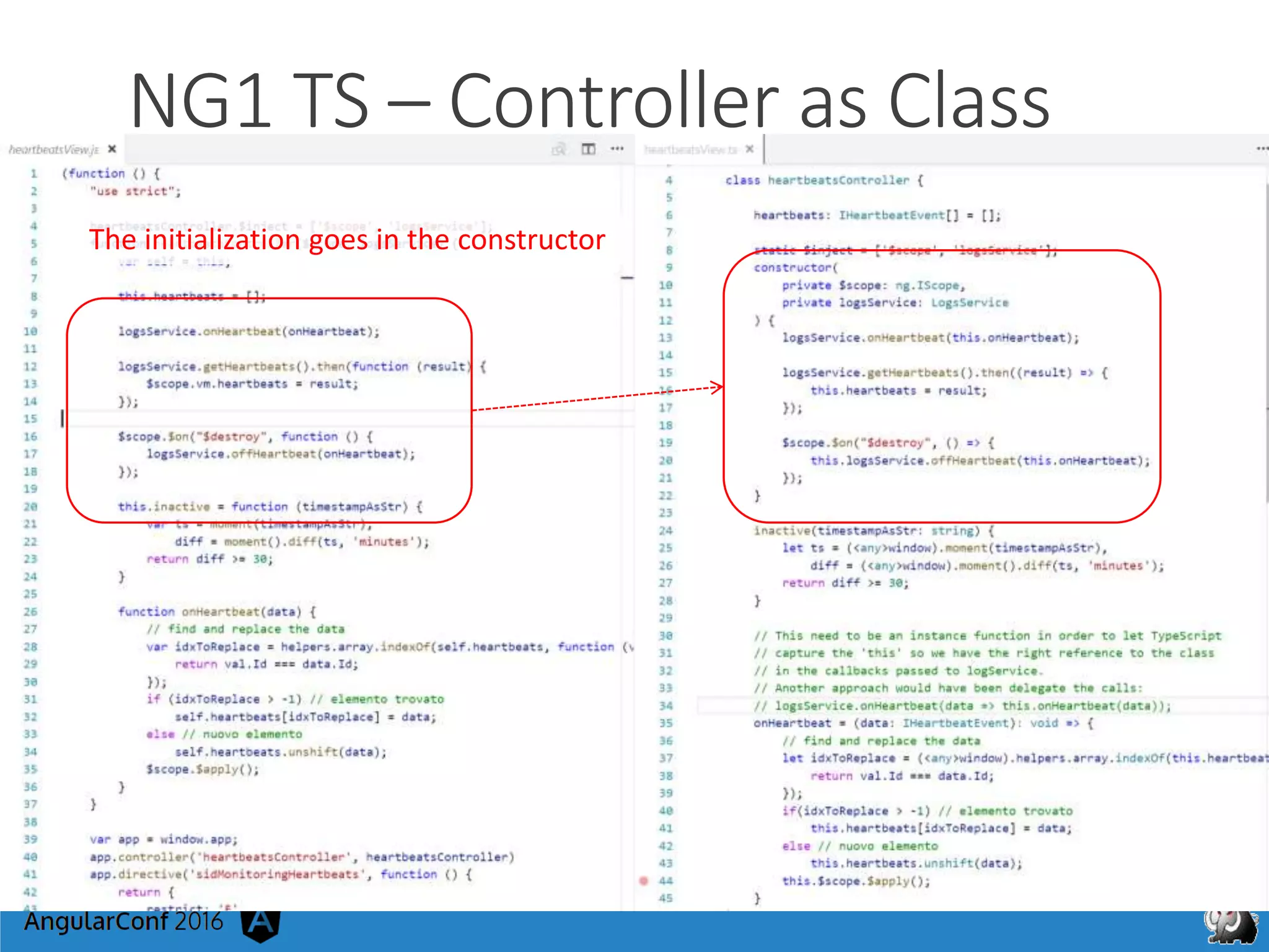 NG1 TS – Controller as Class
The initialization goes in the constructor
 