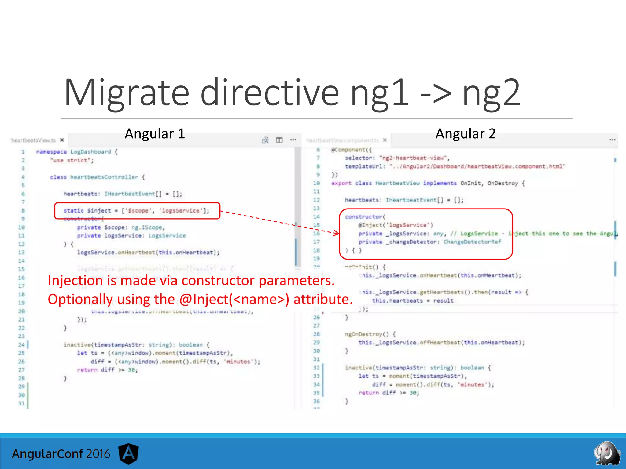 Migrate directive ng1 -> ng2
Angular 1 Angular 2
Injection is made via constructor parameters.
Optionally using the @Inject(<name>) attribute.
 