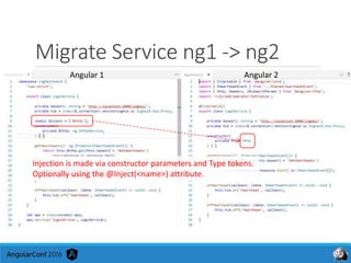 Migrate Service ng1 -> ng2
Angular 1 Angular 2
Injection is made via constructor parameters and Type tokens.
Optionally using the @Inject(<name>) attribute.
 