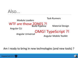 Also...
Am I ready to bring in new technologies (and new tools) ?
Task Runners
Module Loaders
Build Pipeline
Angular CLI
Material Design
Angular Universal
Angular Mobile Toolkit
WTF are those ZONES ?!
OMG! TypeScript ?!
 