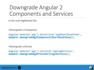 Downgrade Angular 2
Components and Services
In the main NgModule file:
Downgrade a Component
angular.module('app').direct...