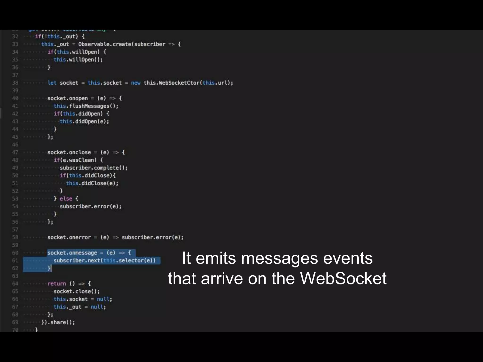It emits messages events
that arrive on the WebSocket
 