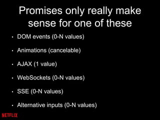 Promises only really make
sense for one of these
• DOM events (0-N values)
• Animations (cancelable)
• AJAX (1 value)
• WebSockets (0-N values)
• SSE (0-N values)
• Alternative inputs (0-N values)
 