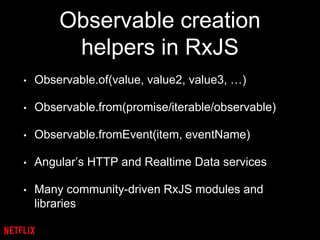 Observable creation
helpers in RxJS
• Observable.of(value, value2, value3, …)
• Observable.from(promise/iterable/observable)
• Observable.fromEvent(item, eventName)
• Angular’s HTTP and Realtime Data services
• Many community-driven RxJS modules and
libraries
 