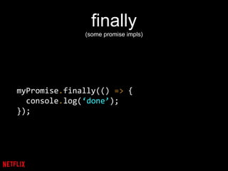 finally
(some promise impls)
myPromise.finally(() => {
console.log(‘done’);
});
 