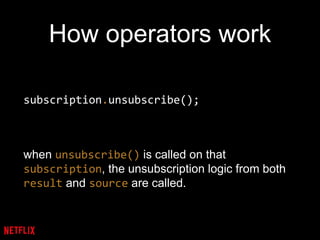How operators work
subscription.unsubscribe();
when unsubscribe() is called on that
subscription, the unsubscription logic from both
result and source are called.
 