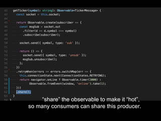 “share” the observable to make it “hot”,
so many consumers can share this producer.
 
