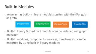 • Angular has built-In library modules starting with the @angular
as prefix
• Built-In library & third part modules can be installed using npm
manager
• Built-In modules, components, services, directives etc. can be
imported by using built-In library modules
Built-In Modules
Imdad Manik 11
 