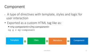 • A type of directives with template, styles and logic for
user interaction
• Exported as a custom HTML tag like as:
 <my-component></my-component>
ng g c my-component
Component
Imdad Manik 12
 