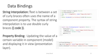 Data Bindings
String Interpolation: Text is between a set
of curly braces often uses the name of a
component property. The syntax of string
interpolation is to use double curly
braces {{ code }}.
Property Binding: Updating the value of a
certain variable in component (model)
and displaying it in view (presentation
layer).
Imdad Manik 19
 