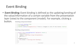 Event Binding
• Event Binding: Event binding is defined as the updating/sending of
the value/information of a certain variable from the presentation
layer (view) to the component (model). For example, clicking a
button.
Imdad Manik 20
 