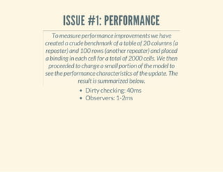 ISSUE #1: PERFORMANCE 
To measure performance improvements we have 
created a crude benchmark of a table of 20 columns (a 
repeater) and 100 rows (another repeater) and placed 
a binding in each cell for a total of 2000 cells. We then 
proceeded to change a small portion of the model to 
see the performance characteristics of the update. The 
result is summarized below. 
Dirty checking: 40ms 
Observers: 1-2ms 
 