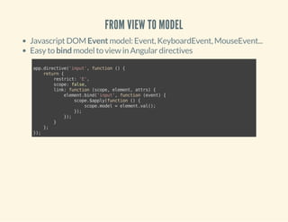 FROM VIEW TO MODEL 
Javascript DOM Event model: Event, KeyboardEvent, MouseEvent... 
Easy to bind model to view in Angular directives 
app.directive('input', function () { 
return { 
restrict: 'E', 
scope: false, 
link: function (scope, element, attrs) { 
element.bind('input', function (event) { 
scope.$apply(function () { 
scope.model = element.val(); 
}); 
}); 
} 
}; 
}); 
 
