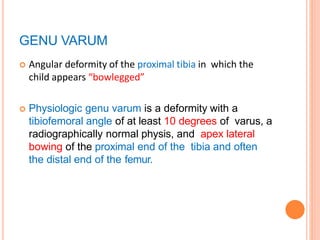 GENU VARUM
 Angular deformity of the proximal tibia in which the
child appears “bowlegged”
 Physiologic genu varum is a deformity with a
tibiofemoral angle of at least 10 degrees of varus, a
radiographically normal physis, and apex lateral
bowing of the proximal end of the tibia and often
the distal end of the femur.
 