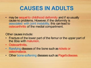CAUSES IN ADULTS
• may be sequel to childhood deformity and if sousually
causeno problems. However, if the deformity is
associated with joint instability, this can lead to
osteoarthritis of the medial compartment.
Other causesinclude:
• Fracture of the lower part of the femur or the upper part of
the tibia with malunion.
• Osteoarthritis.
• Rarefying diseasesof the bone such asrickets or
osteomalacia.
• Other bone-softening diseasessuch asPaget’sdisease.
 