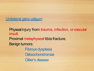 Unilateral genuvalgum
Physealinjury from trauma, infection, orvascular
insult.
Proximal metaphyseal tibia fracture.
Benign tumors:
Fibrous dysplasia
Osteochondromas
Ollier's disease
 