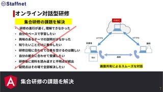 集合研修の課題を解決
オンライン対話型研修
集合研修の課題を解決___
• 研修の進⾏が速く, 理解できなかった
• 自分のペースで学習したい
• 興味のあるテーマの説明が少なかった
• 知りたいことだけに集中したい
• 研修日程に合わせて仕事を空けるのは難しい
• 自分の都合に合わせて受講したい
• 研修後に資料を読み返すと不明点が続出
• 疑問点はその場で全部解決したい
教材 通話
共有PC
HTTPS HTTPS
講師受講者
画面共有によるスムーズな対話
7
 