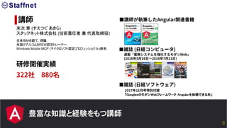 豊富な知識と経験をもつ講師
講師
末次 章 (すえつぐ あきら)
スタッフネット株式会社 (技術責任者 兼 代表取締役)
日本IBMを経て, 現職.
米国クアルコムBREW認定トレーナー,
Windows Mobile MCP (マイクロソフト認定プロフェッショナル)保有.
研修開催実績
322社 880名
■講師が執筆したAngular関連書籍
■雑誌 (日経コンピュータ)
連載「業務システムを強化するモダンWeb」
(2016年5月26日〜2016年7月21日)
2017年11月号特別付録
「GoogleｅのモダンWebフレームワーク Angularを体験できる本」
■雑誌 (日経ソフトウェア)
9
 
