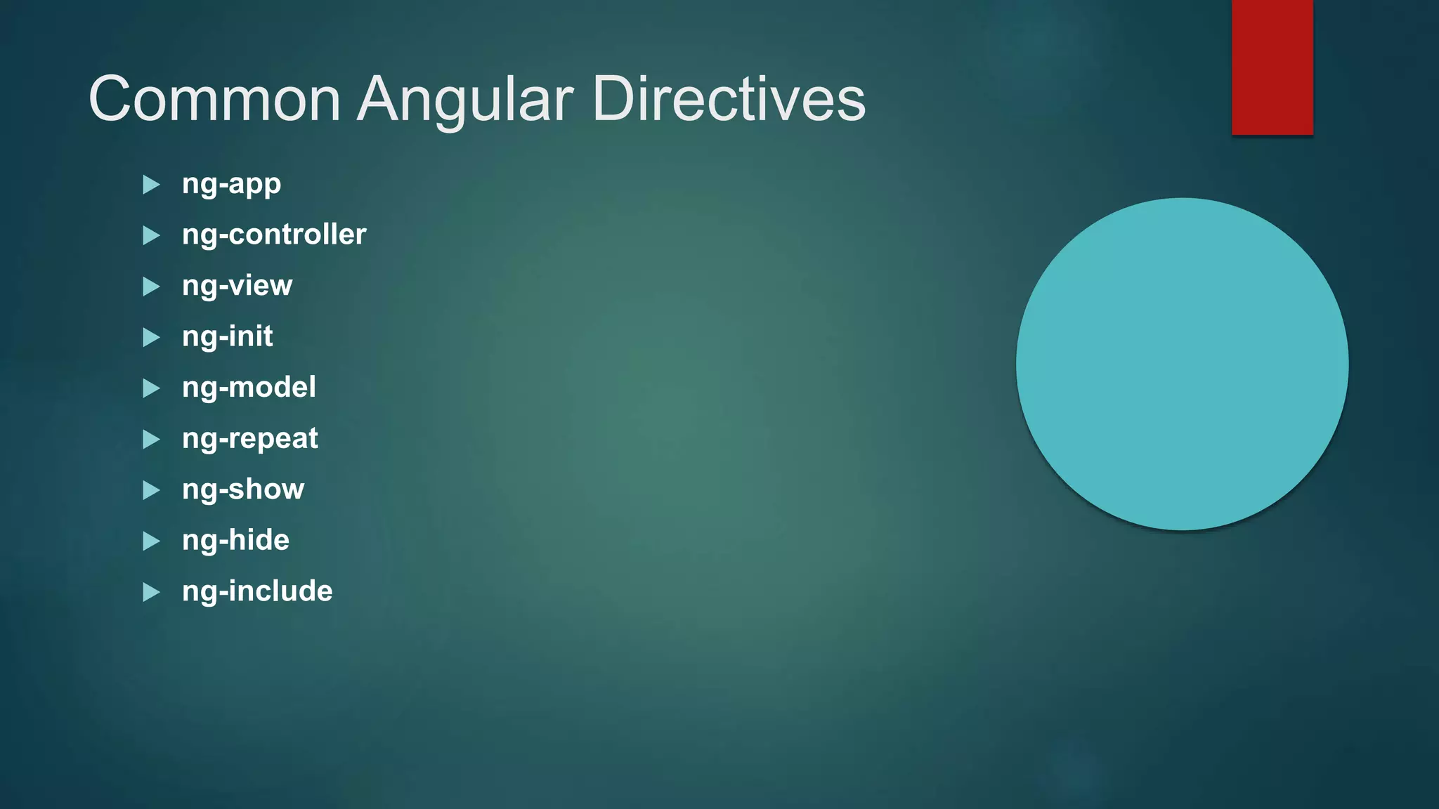 Common Angular Directives
 ng-app
 ng-controller
 ng-view
 ng-init
 ng-model
 ng-repeat
 ng-show
 ng-hide
 ng-include
 