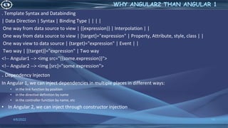 . Template Syntax and Databinding
| Data Direction | Syntax | Binding Type | | | |
One way from data source to view | {{expression}} | Interpolation | |
One way from data source to view | [target]="expression" | Property, Attribute, style, class | |
One way view to data source | (target)="expression" | Event | |
Two way | [(target)]="expression" | Two way
<!-- Angular1 --> <img src="{{some.expression}}">
<!-- Angular2 --> <img [src]="some.expression">
. Dependency Injecton
In Angular 1, we can inject dependencies in multiple places in different ways:
• in the link function by position
• in the directive definition by name
• in the controller function by name, etc
• In Angular 2, we can inject through constructor injection
4/6/2022 10
WHY ANGULAR2 THAN ANGULAR 1
 