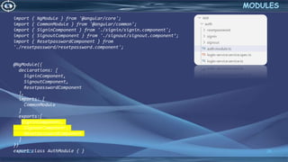 4/6/2022 26
MODULES
import { NgModule } from '@angular/core';
import { CommonModule } from '@angular/common';
import { SigninComponent } from './signin/signin.component';
import { SignoutComponent } from './signout/signout.component’;
import { ResetpasswordComponent } from
'./resetpassword/resetpassword.component';
@NgModule({
declarations: [
SigninComponent,
SignoutComponent,
ResetpasswordComponent
],
imports: [
CommonModule
]
exports:[
SigninComponent,
SignoutComponent,
ResetpasswordComponent
]
})
export class AuthModule { }
 