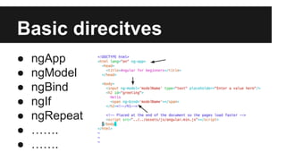 Basic direcitves 
● ngApp 
● ngModel 
● ngBind 
● ngIf 
● ngRepeat 
● ……. 
● ……. 
 