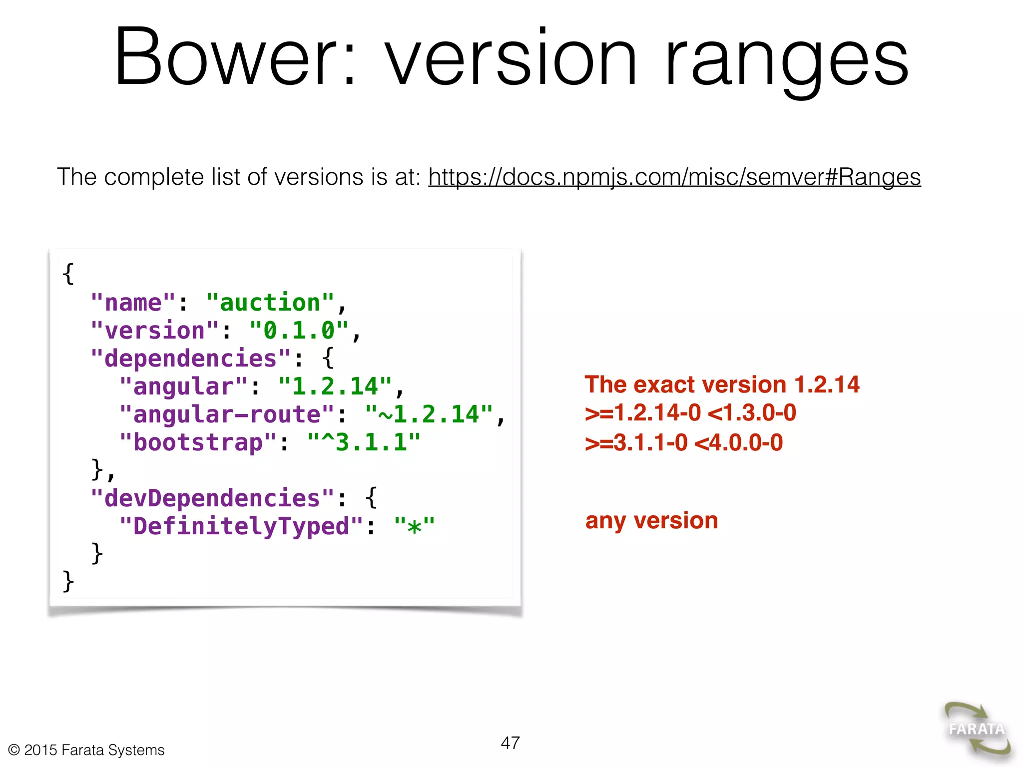 © 2015 Farata Systems
Bower: version ranges
The complete list of versions is at: https://docs.npmjs.com/misc/semver#Ranges
{ 
"name": "auction", 
"version": "0.1.0", 
"dependencies": { 
"angular": "1.2.14", 
"angular-route": "~1.2.14", 
"bootstrap": "^3.1.1" 
}, 
"devDependencies": { 
"DefinitelyTyped": "*" 
} 
}
The exact version 1.2.14
>=1.2.14-0 <1.3.0-0
>=3.1.1-0 <4.0.0-0
any version
47
 
