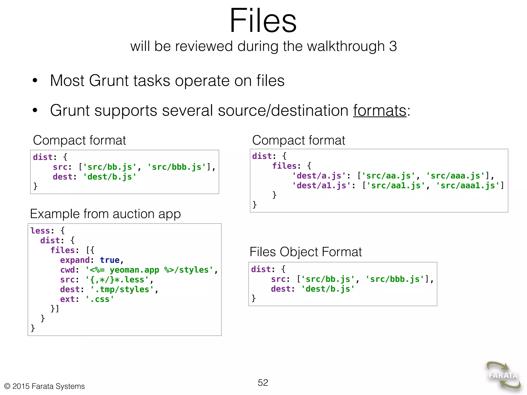 © 2015 Farata Systems
Files
• Most Grunt tasks operate on ﬁles
• Grunt supports several source/destination formats:
dist: { 
src: ['src/bb.js', 'src/bbb.js'], 
dest: 'dest/b.js' 
}
dist: { 
src: ['src/bb.js', 'src/bbb.js'], 
dest: 'dest/b.js' 
}
Compact format
Files Object Format
dist: { 
files: { 
'dest/a.js': ['src/aa.js', 'src/aaa.js'], 
'dest/a1.js': ['src/aa1.js', 'src/aaa1.js'] 
} 
}
Compact format
less: { 
dist: { 
files: [{ 
expand: true, 
cwd: '<%= yeoman.app %>/styles', 
src: '{,*/}*.less', 
dest: '.tmp/styles', 
ext: '.css' 
}] 
} 
}
Example from auction app
52
will be reviewed during the walkthrough 3
 